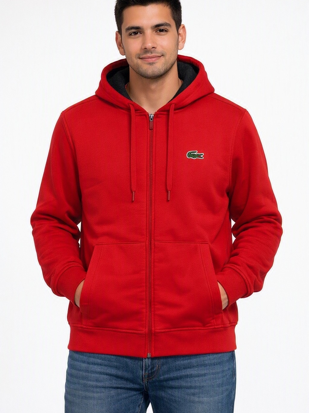 Lacoste Red Full-Zip Hoodie with Green Croc Logo